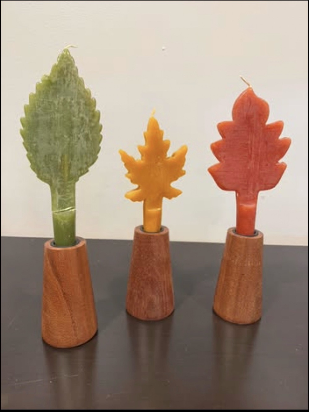 Handmade Leaf-Shaped Decorative Candles in Green, Yellow, and Red - Set of 3